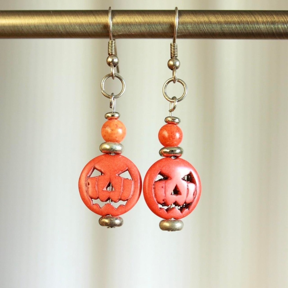 Handmade Orange Jack-o-lantern Carved Stone Beaded Dangle Earrings Halloween